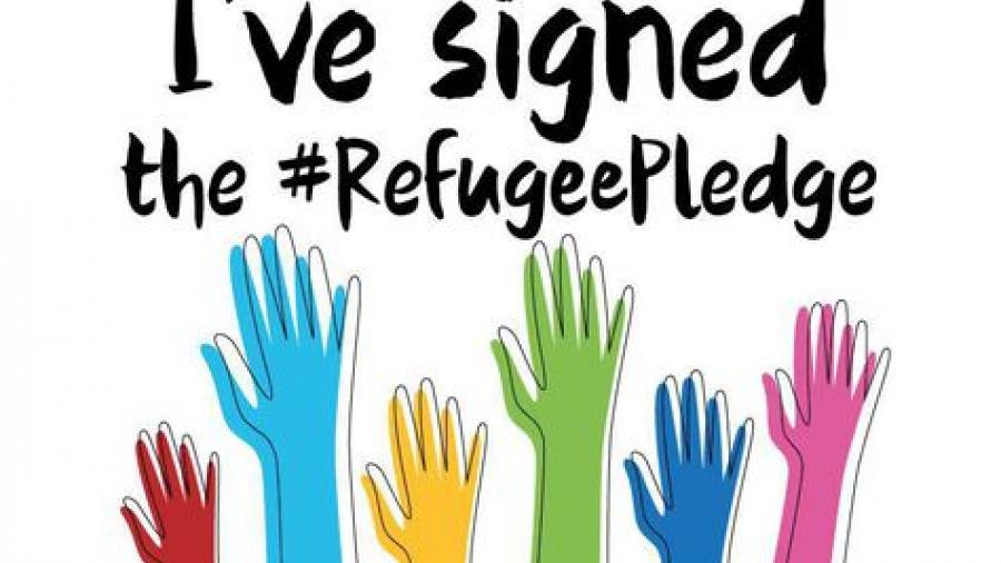 Text says "I've signed the #Refugee Pledge"